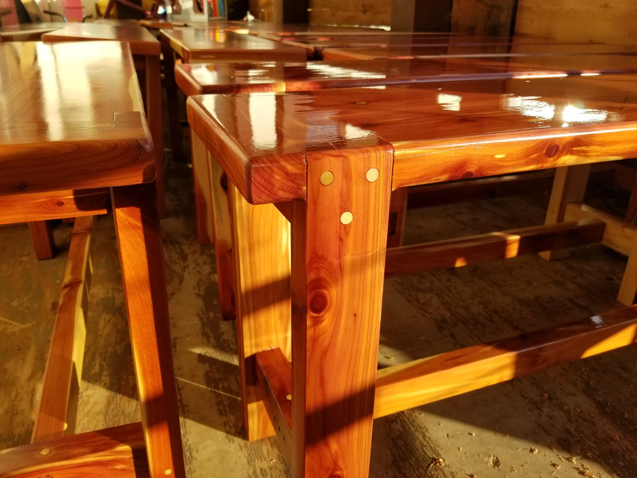 A live-edge red cedar slab resting on sawhorses in the shop, base under construction.
