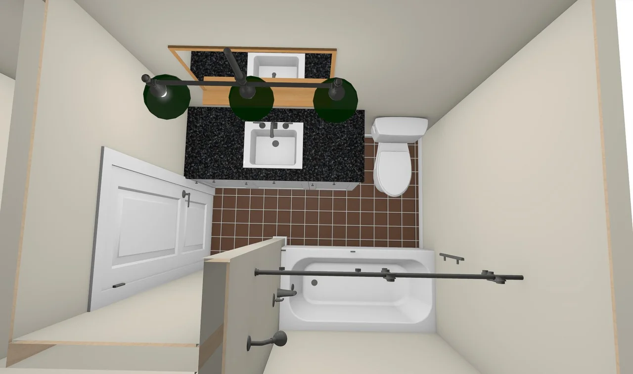 A 3D design rendering of the proposed bathroom layout.