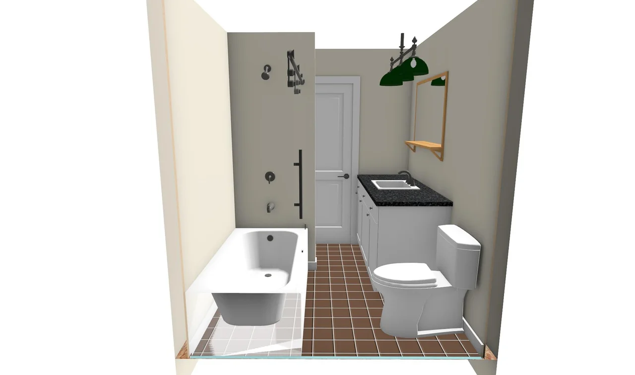 A rendering of the proposed bathroom with tub, shower and vanity.