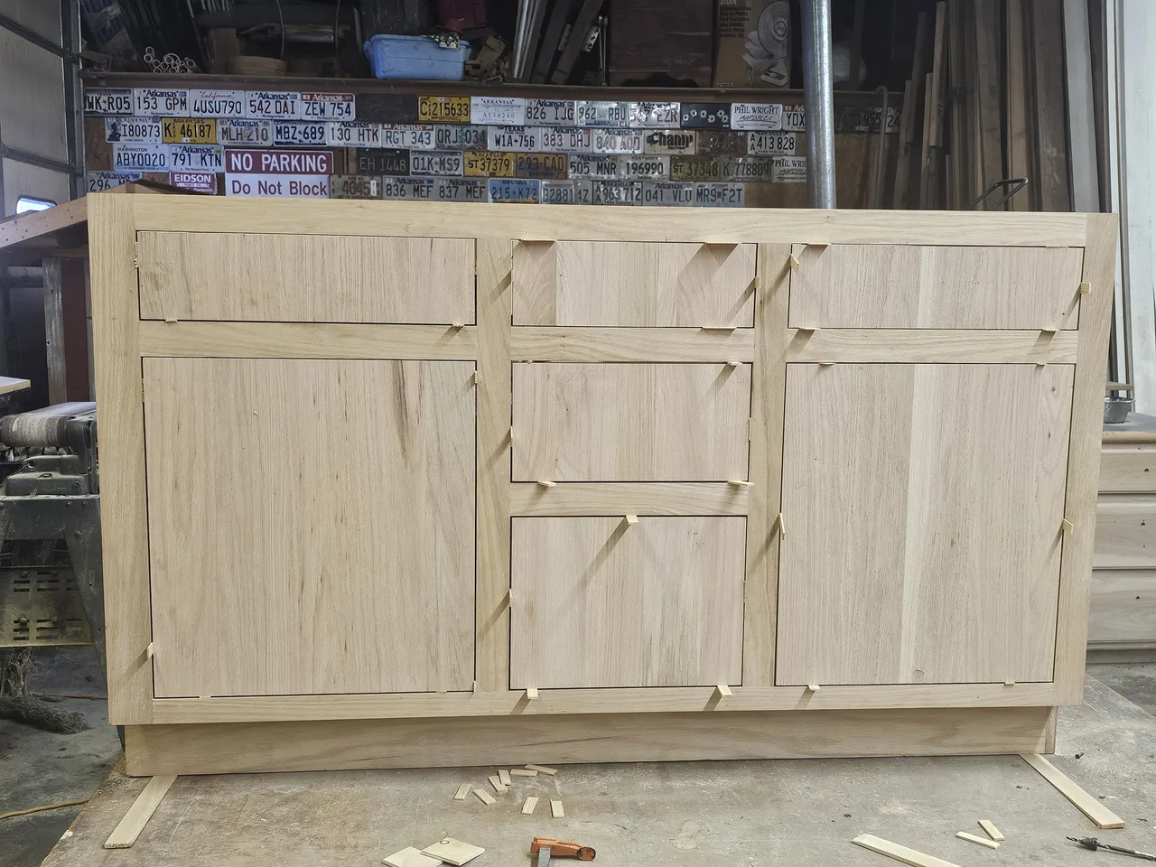 The vanity cabinet built in the shop before finishing.