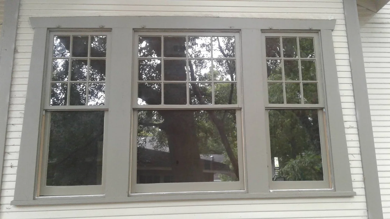 The restored multi-light window band seen from outside.