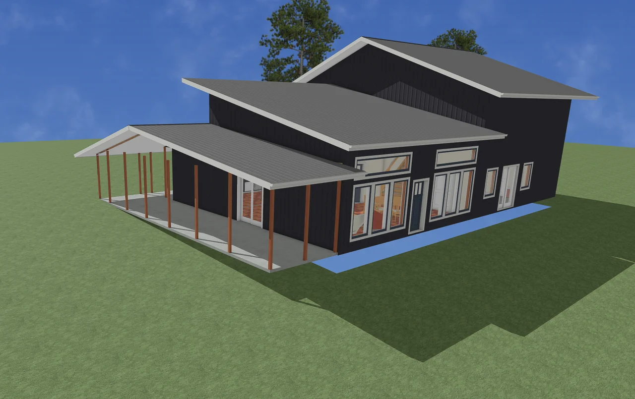 A SketchUp exterior rendering of a proposed house with shed roofs and a wraparound porch.