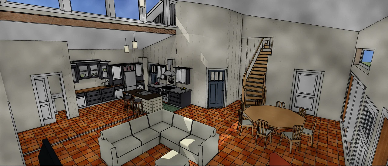 A SketchUp interior rendering showing an open kitchen, dining area and spiral stair.