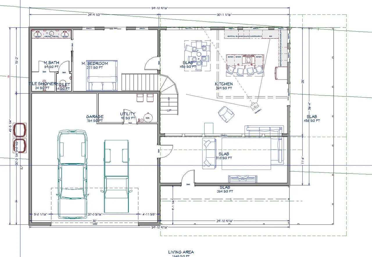 A dimensioned floor plan drawing of a proposed house.