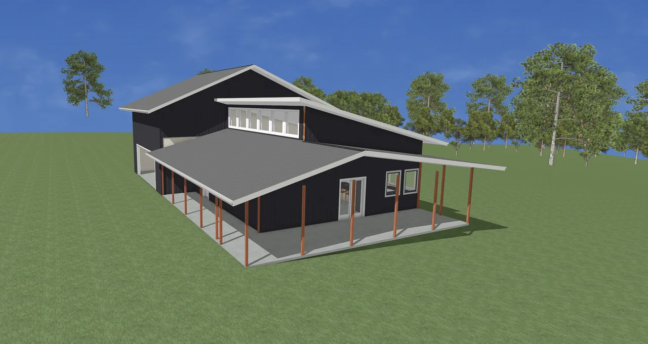 A SketchUp rendering of a proposed house with a low-pitched roof and covered porch.