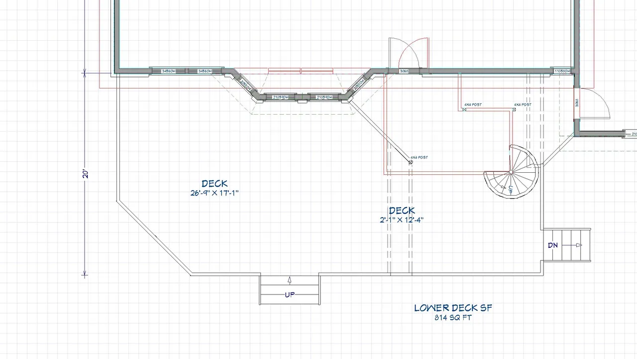 A dimensioned deck floor plan drawn in house.