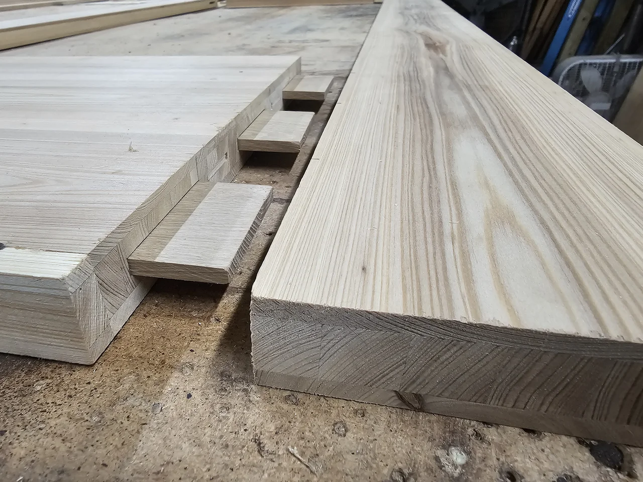 A close view of a mortise-and-tenon door joint dry-fitted before glue-up.