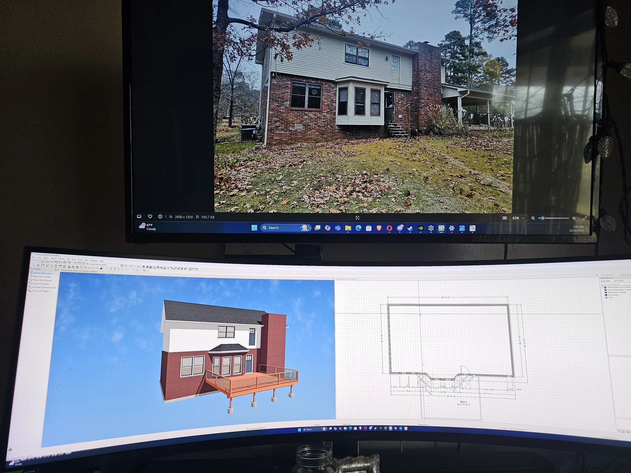 A monitor showing the deck design model with a printed plan alongside.