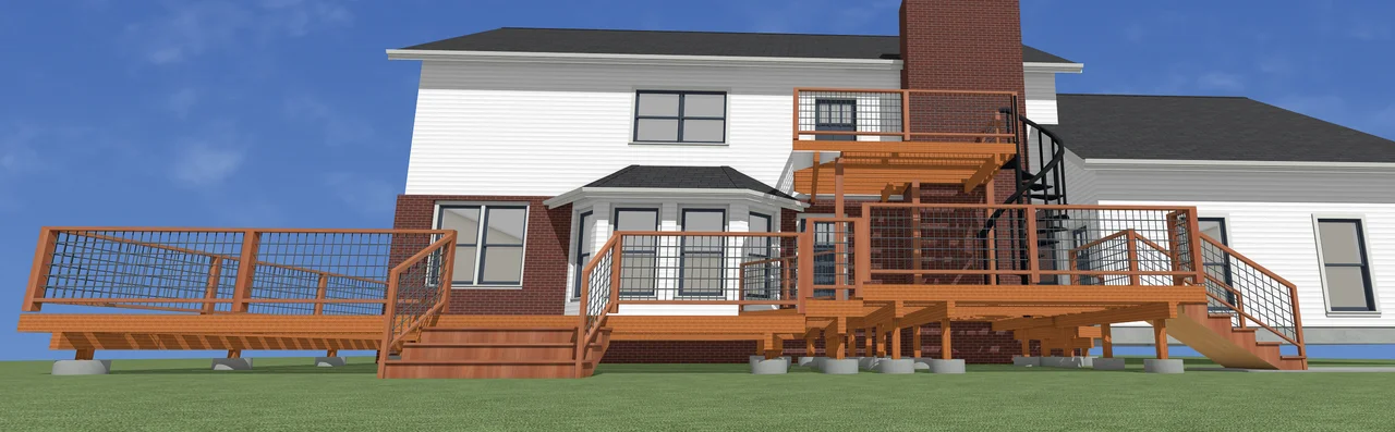 A rendering of the two-level deck standing against the house.