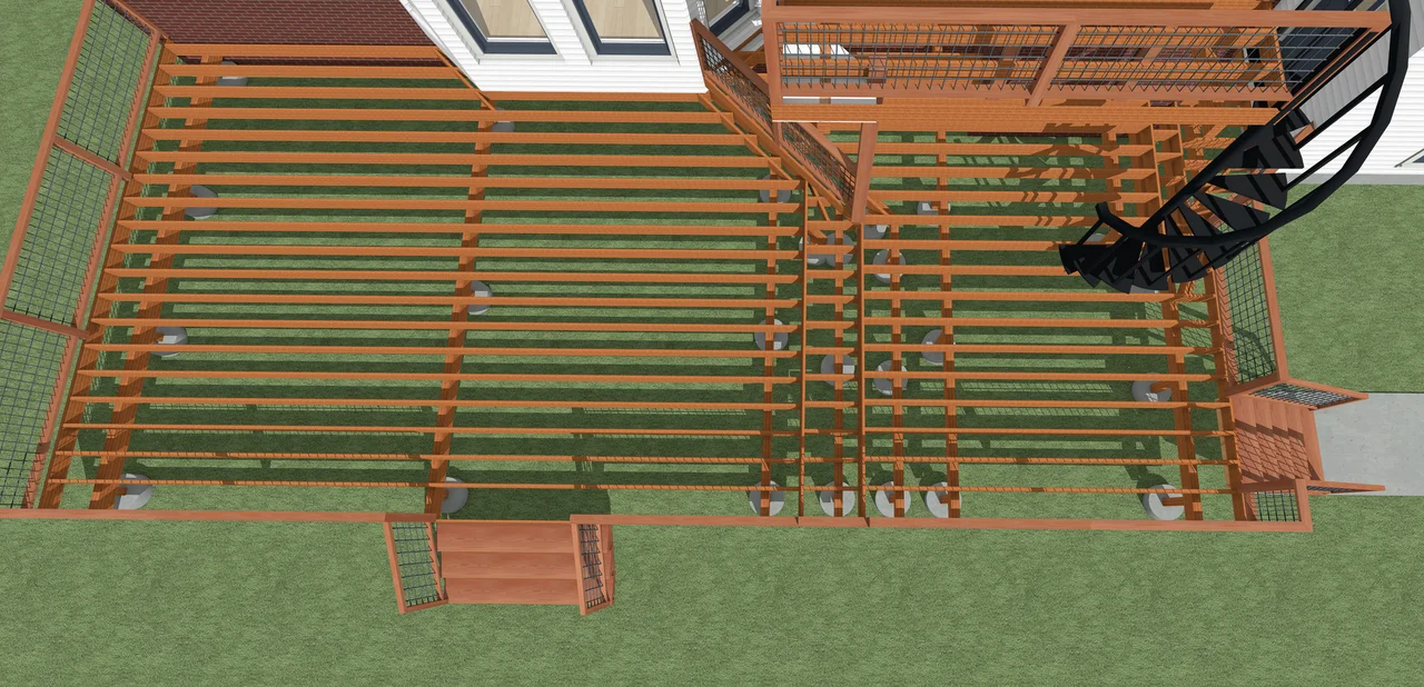 A rendering of the deck framing with the spiral stair set into it.