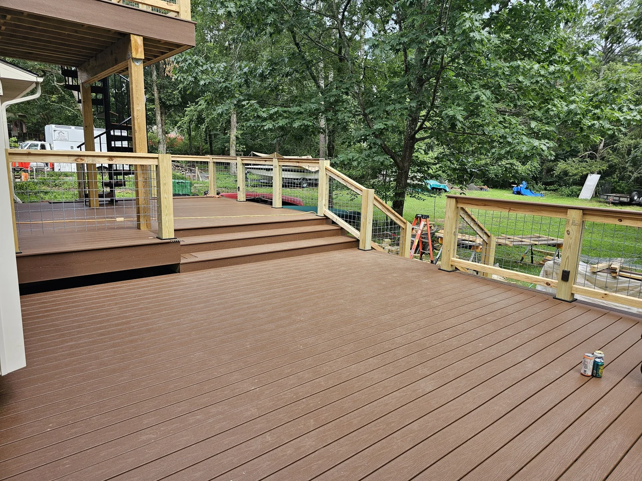View along the deck surface toward its canted, faceted edge.