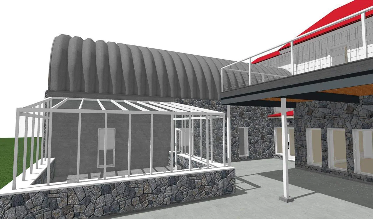 An exterior rendering of the house showing the steel arch, red roof, stone base and covered walk.