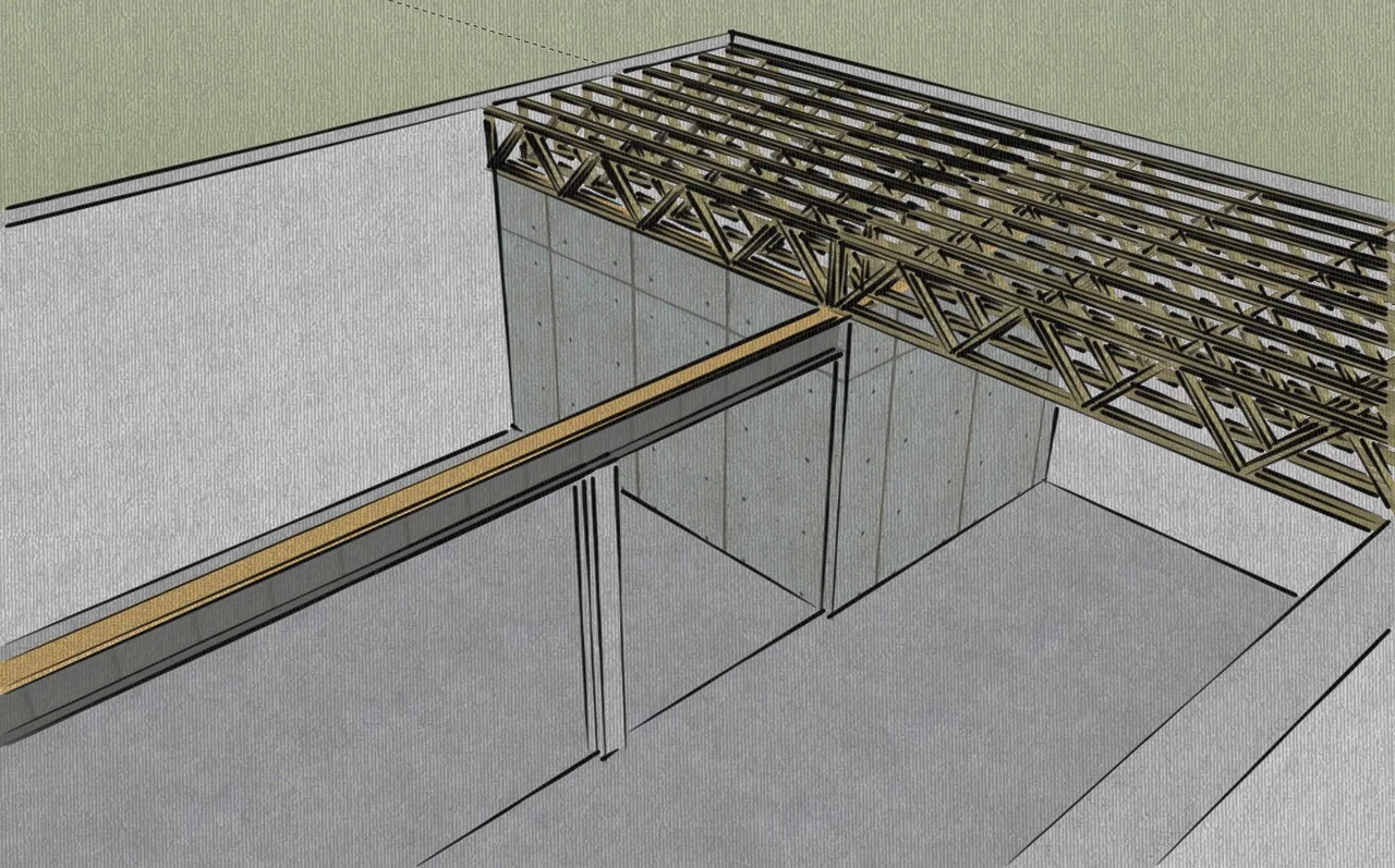 A rendering of open-web floor trusses spanning between walls.