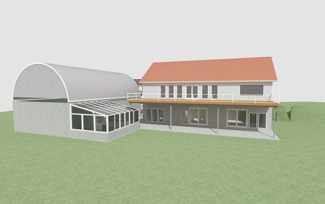 An exterior rendering of the long elevation with glazing, arch roof and upper deck.