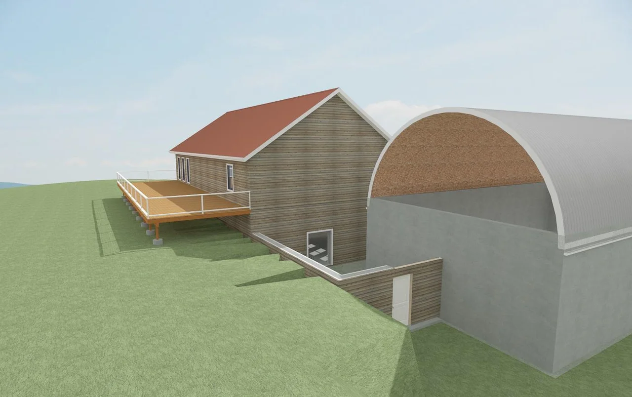 A rendering showing the steel arch structure meeting the gable-roofed section.
