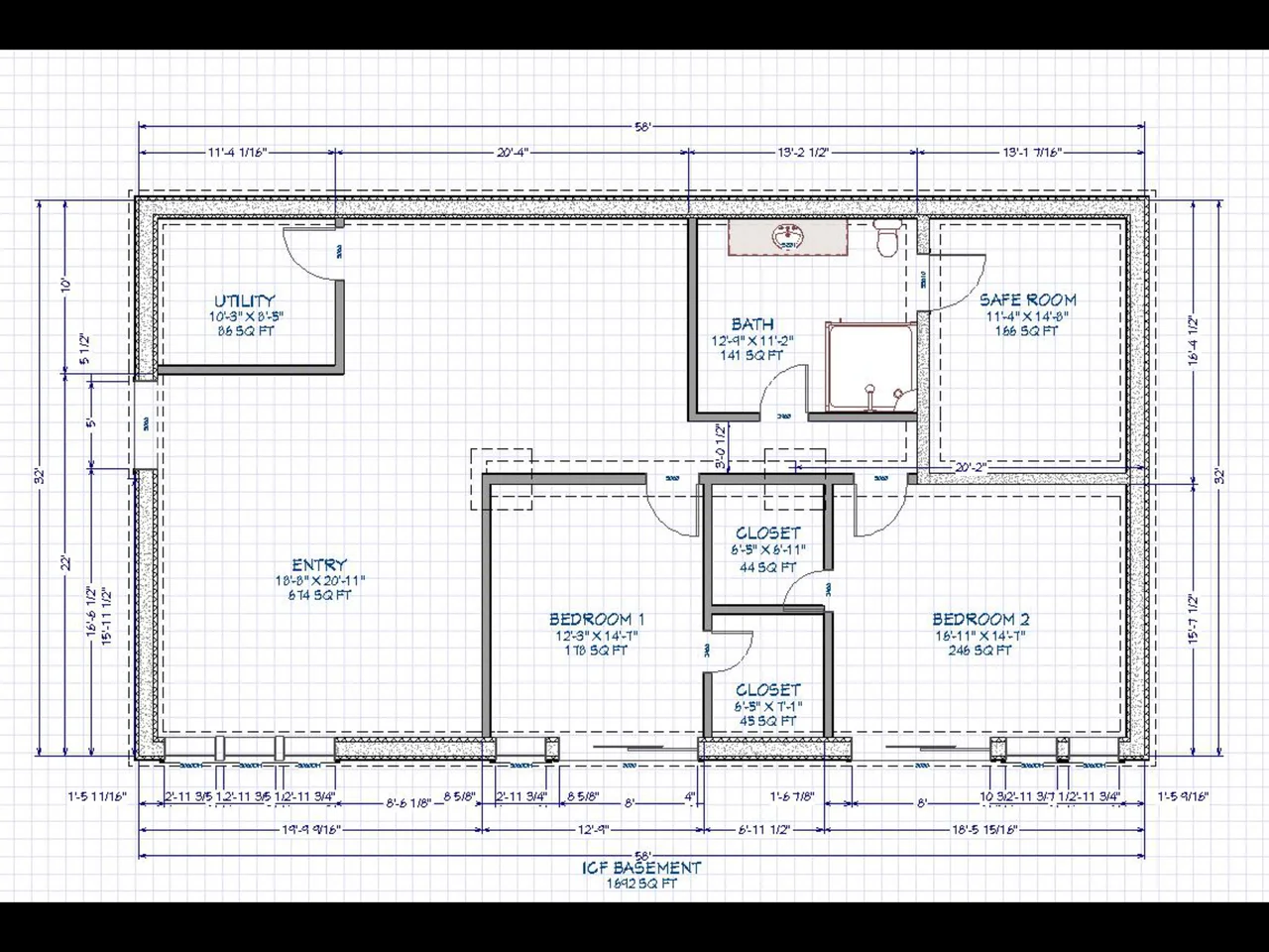 A dimensioned floor plan of the ICF basement showing entry, bedrooms, bath, utility and safe room.