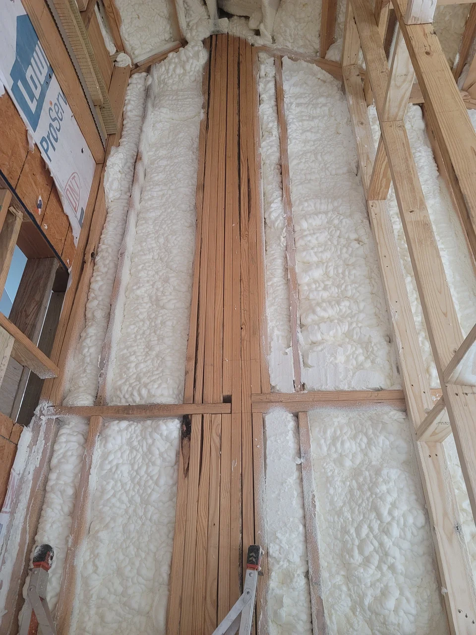 Spray foam insulation filling a stud bay.