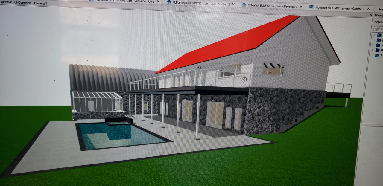 A SketchUp rendering of the house from the lawn side showing a pool and covered terrace, as designed. The pool was not built.