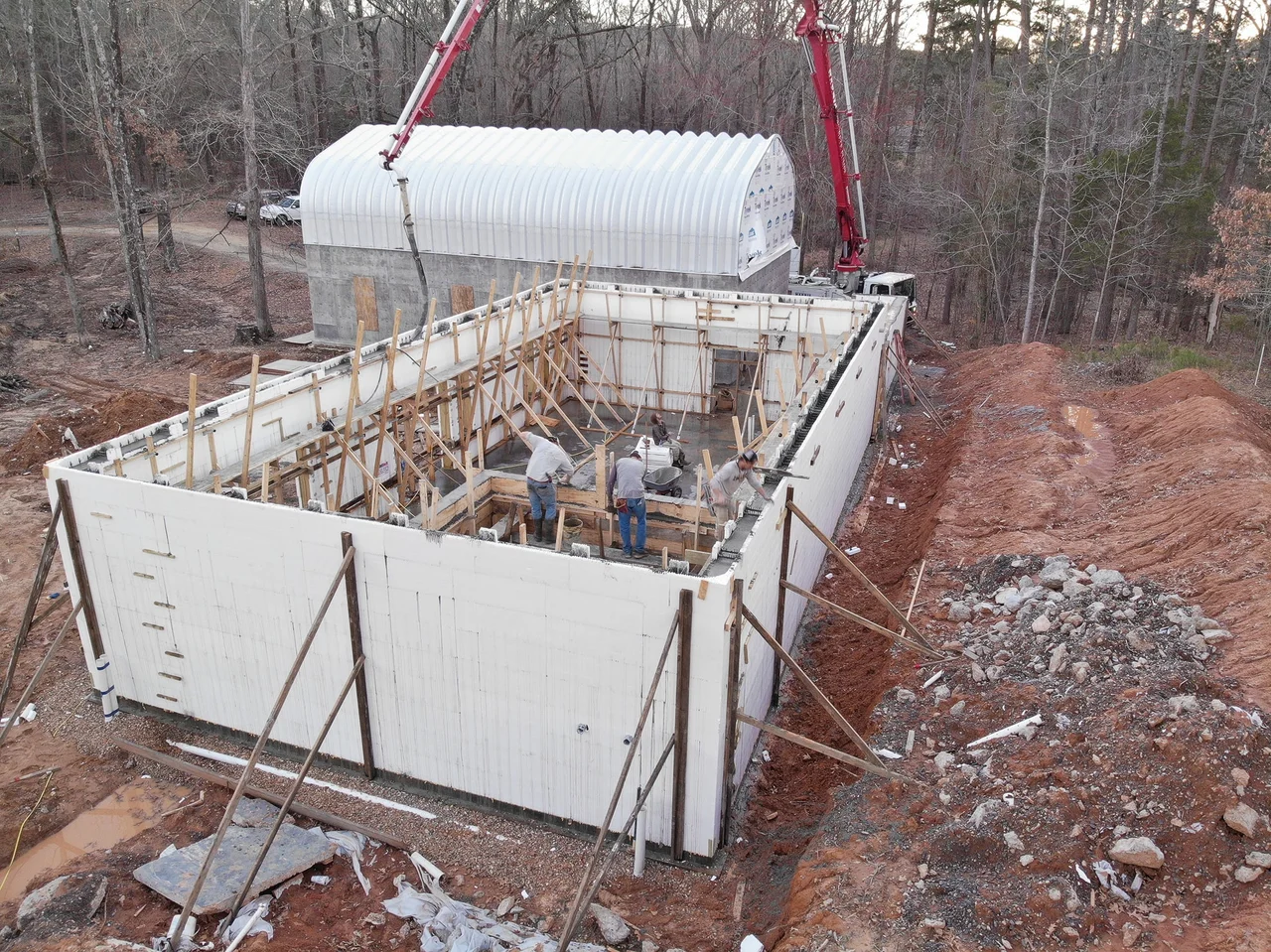 Aerial view of ICF walls braced and formed, ready for the pour.