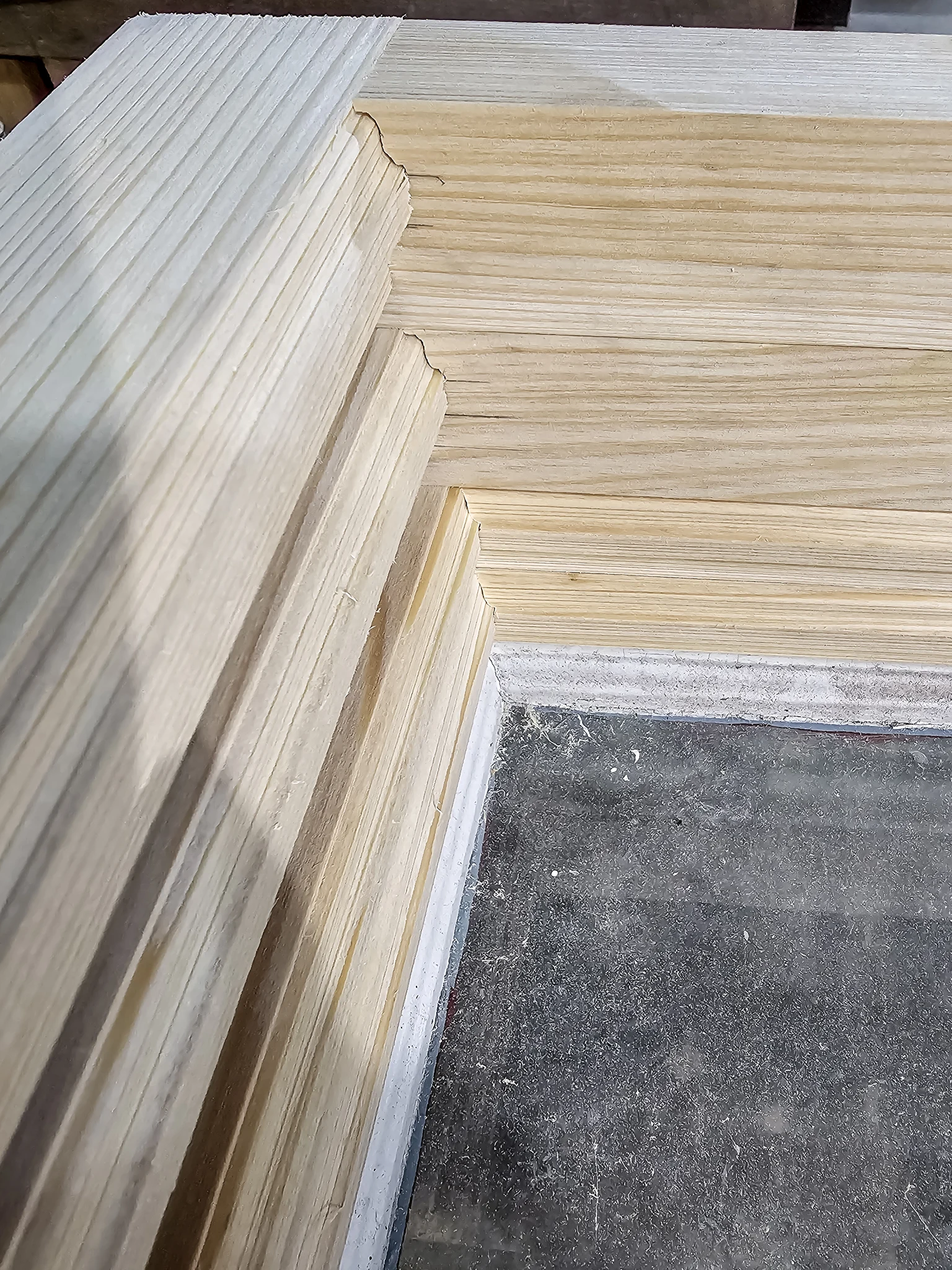 Milled window stock showing the moulding profile in raking light.