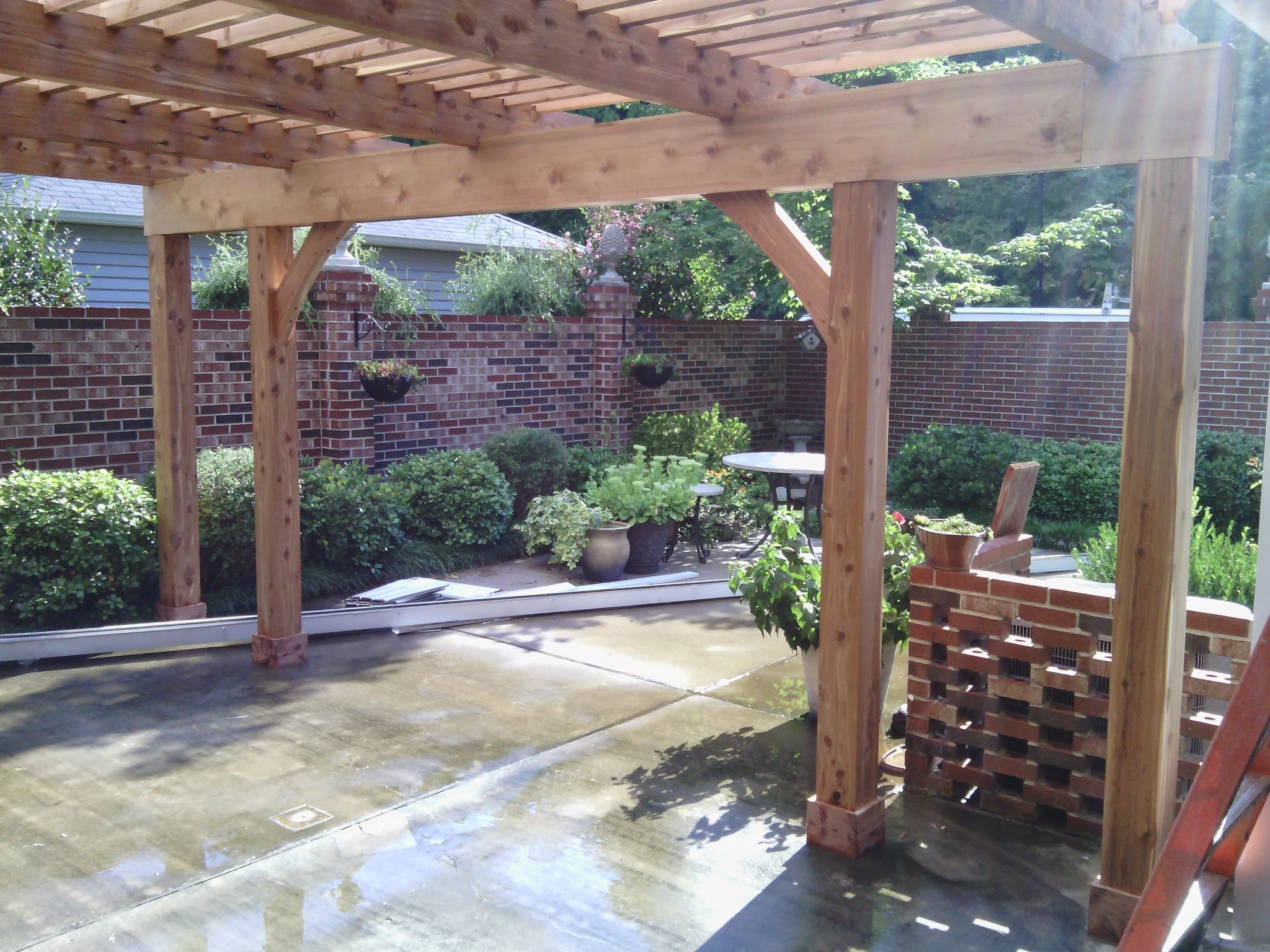 The view out to the garden from beneath the finished pergola.