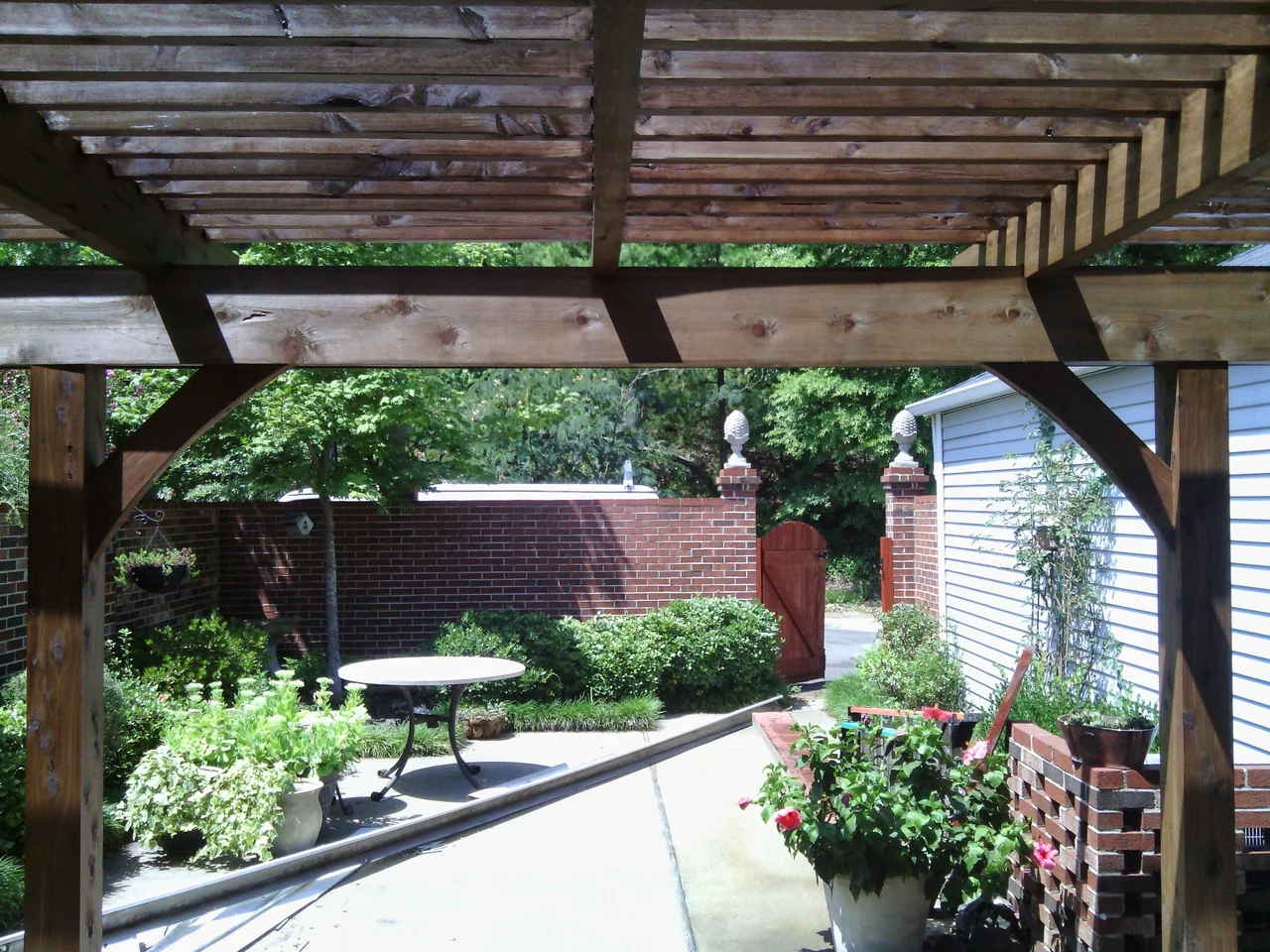 Looking out across the courtyard from under the pergola.