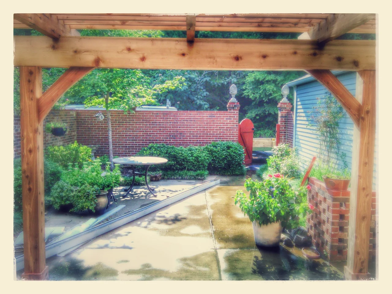 The pergola framing the patio with the garden beyond.